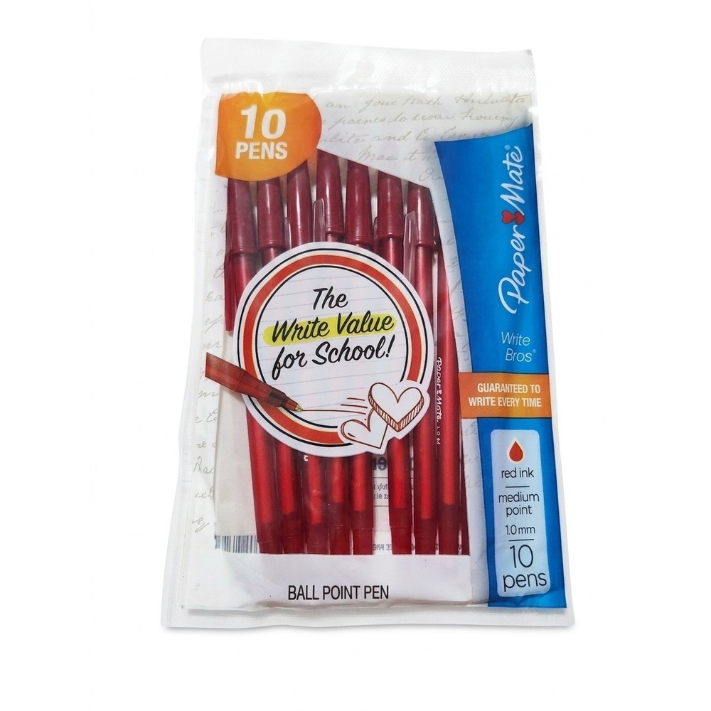 Paper Mate Write Bros Red Ink Ballpoint Pens Medium Point 1.0mm 10 Count New